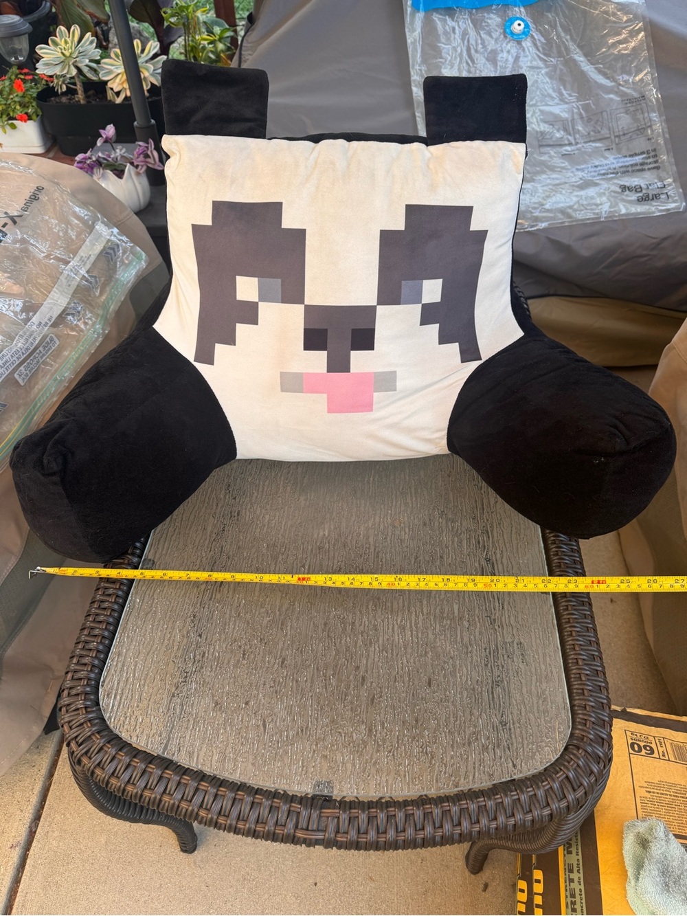 Pixel Dog Backrest Pillow - Black and White with Pink Tongue